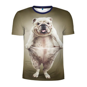 Мужская футболка 3D спортивная с принтом Бульдог английский в Екатеринбурге, 100% полиэстер с улучшенными характеристиками | приталенный силуэт, круглая горловина, широкие плечи, сужается к линии бедра | animals | breed | dog | english bulldog | funny | joke | pants | surrealism | бульдог английский | животное | порода | прикол | собака | сюрреализм | шутка