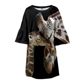 Детское платье 3D с принтом Жирафы в Екатеринбурге, 100% полиэстер | прямой силуэт, чуть расширенный к низу. Круглая горловина, на рукавах — воланы | africa | animals | baby | child | family | giraffes | head | mother | африка | головы | животные | жирафы | любовь | малыш | мама | ребенок | семья