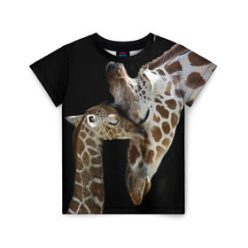 Детская футболка 3D с принтом Жирафы в Екатеринбурге, 100% гипоаллергенный полиэфир | прямой крой, круглый вырез горловины, длина до линии бедер, чуть спущенное плечо, ткань немного тянется | africa | animals | baby | child | family | giraffes | head | mother | африка | головы | животные | жирафы | любовь | малыш | мама | ребенок | семья
