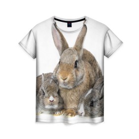 Женская футболка 3D с принтом Кролики в Екатеринбурге, 100% полиэфир ( синтетическое хлопкоподобное полотно) | прямой крой, круглый вырез горловины, длина до линии бедер | animals | bunnies | cute | eared | family | fluffy | kids | mom | rabbits | животные | зайцы | кролики | малыши | мама | милые | пушистые | семья | ушастые