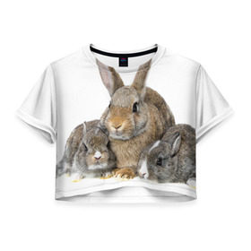 Женская футболка 3D укороченная с принтом Кролики в Екатеринбурге, 100% полиэстер | круглая горловина, длина футболки до линии талии, рукава с отворотами | animals | bunnies | cute | eared | family | fluffy | kids | mom | rabbits | животные | зайцы | кролики | малыши | мама | милые | пушистые | семья | ушастые