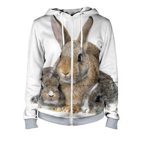 Женская толстовка 3D на молнии с принтом Кролики в Екатеринбурге, 100% полиэстер | длина до линии бедра, манжеты и пояс оформлены мягкой тканевой резинкой, двухслойный капюшон со шнурком для регулировки, спереди молния, по бокам два кармана | animals | bunnies | cute | eared | family | fluffy | kids | mom | rabbits | животные | зайцы | кролики | малыши | мама | милые | пушистые | семья | ушастые