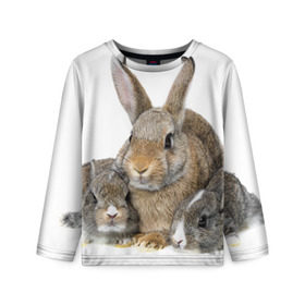 Детский лонгслив 3D с принтом Кролики в Екатеринбурге, 100% полиэстер | длинные рукава, круглый вырез горловины, полуприлегающий силуэт
 | animals | bunnies | cute | eared | family | fluffy | kids | mom | rabbits | животные | зайцы | кролики | малыши | мама | милые | пушистые | семья | ушастые