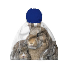 Шапка 3D c помпоном с принтом Кролики в Екатеринбурге, 100% полиэстер | универсальный размер, печать по всей поверхности изделия | animals | bunnies | cute | eared | family | fluffy | kids | mom | rabbits | животные | зайцы | кролики | малыши | мама | милые | пушистые | семья | ушастые