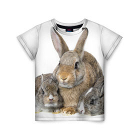 Детская футболка 3D с принтом Кролики в Екатеринбурге, 100% гипоаллергенный полиэфир | прямой крой, круглый вырез горловины, длина до линии бедер, чуть спущенное плечо, ткань немного тянется | animals | bunnies | cute | eared | family | fluffy | kids | mom | rabbits | животные | зайцы | кролики | малыши | мама | милые | пушистые | семья | ушастые