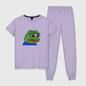 Женская пижама хлопок с принтом sad frog в Екатеринбурге, 100% хлопок | брюки и футболка прямого кроя, без карманов, на брюках мягкая резинка на поясе и по низу штанин | pepe | грустная | мемы | пепе