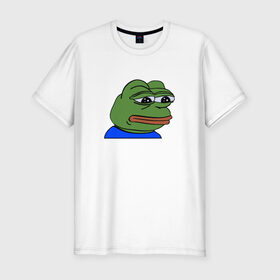 Мужская футболка премиум с принтом sad frog в Екатеринбурге, 92% хлопок, 8% лайкра | приталенный силуэт, круглый вырез ворота, длина до линии бедра, короткий рукав | Тематика изображения на принте: pepe | грустная | мемы | пепе