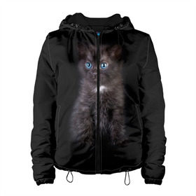 Женская куртка 3D с принтом Чёрный котёнок в Екатеринбурге, ткань верха — 100% полиэстер, подклад — флис | прямой крой, подол и капюшон оформлены резинкой с фиксаторами, два кармана без застежек по бокам, один большой потайной карман на груди. Карман на груди застегивается на липучку | киска | кот | кошка