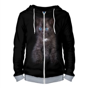 Мужская толстовка 3D на молнии с принтом Чёрный котёнок в Екатеринбурге, 100% полиэстер | длина до линии бедра, манжеты и пояс оформлены мягкой тканевой резинкой, двухслойный капюшон со шнурком для регулировки, спереди молния, по бокам два кармана | Тематика изображения на принте: киска | кот | кошка