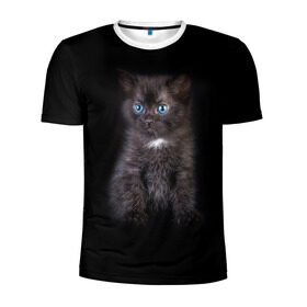Мужская футболка 3D спортивная с принтом Чёрный котёнок в Екатеринбурге, 100% полиэстер с улучшенными характеристиками | приталенный силуэт, круглая горловина, широкие плечи, сужается к линии бедра | Тематика изображения на принте: киска | кот | кошка