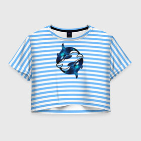Женская футболка 3D укороченная с принтом Космические косатки в Екатеринбурге, 100% полиэстер | круглая горловина, длина футболки до линии талии, рукава с отворотами | Тематика изображения на принте: orca | sea | whale | галактика | звезды | кит | косатка | космос | море | океан