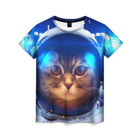 Женская футболка 3D с принтом Кот космонавт в Екатеринбурге, 100% полиэфир ( синтетическое хлопкоподобное полотно) | прямой крой, круглый вырез горловины, длина до линии бедер | кот | кошка | скафандр