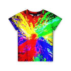 Детская футболка 3D с принтом Взрыв цветов в Екатеринбурге, 100% гипоаллергенный полиэфир | прямой крой, круглый вырез горловины, длина до линии бедер, чуть спущенное плечо, ткань немного тянется | брызги | краски | разноцветный | яркий