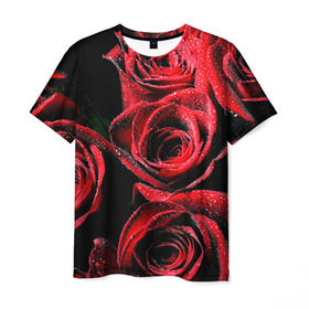 Мужская футболка 3D с принтом Розы в Екатеринбурге, 100% полиэфир | прямой крой, круглый вырез горловины, длина до линии бедер | Тематика изображения на принте: алый | красный | роса | фото | цветы