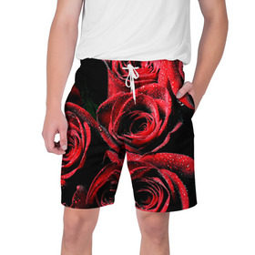 Мужские шорты 3D с принтом Розы в Екатеринбурге,  полиэстер 100% | прямой крой, два кармана без застежек по бокам. Мягкая трикотажная резинка на поясе, внутри которой широкие завязки. Длина чуть выше колен | алый | красный | роса | фото | цветы