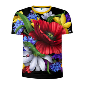Мужская футболка 3D спортивная с принтом Композиция цветов в Екатеринбурге, 100% полиэстер с улучшенными характеристиками | приталенный силуэт, круглая горловина, широкие плечи, сужается к линии бедра | композиция | мак | ромашки | цветы