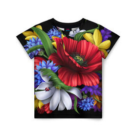 Детская футболка 3D с принтом Композиция цветов в Екатеринбурге, 100% гипоаллергенный полиэфир | прямой крой, круглый вырез горловины, длина до линии бедер, чуть спущенное плечо, ткань немного тянется | композиция | мак | ромашки | цветы