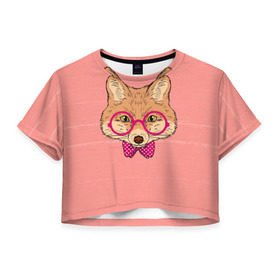 Женская футболка 3D укороченная с принтом Лиса в Екатеринбурге, 100% полиэстер | круглая горловина, длина футболки до линии талии, рукава с отворотами | бантик | белый | горошек | жёлтый | коричневый | красный | лиса в очках | оранжевый | очки | розовый | цвет