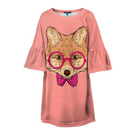Детское платье 3D с принтом Лиса в Екатеринбурге, 100% полиэстер | прямой силуэт, чуть расширенный к низу. Круглая горловина, на рукавах — воланы | бантик | белый | горошек | жёлтый | коричневый | красный | лиса в очках | оранжевый | очки | розовый | цвет