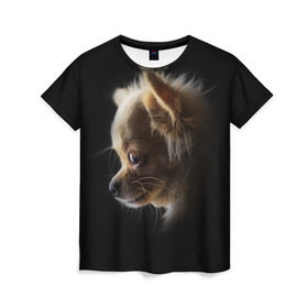 Женская футболка 3D с принтом Чихуахуа в Екатеринбурге, 100% полиэфир ( синтетическое хлопкоподобное полотно) | прямой крой, круглый вырез горловины, длина до линии бедер | голова животного | прикольные картинки | собака | чихуахуа | щенок