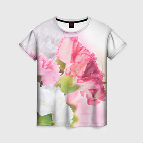 Женская футболка 3D с принтом Белые и розовые цветы в Екатеринбурге, 100% полиэфир ( синтетическое хлопкоподобное полотно) | прямой крой, круглый вырез горловины, длина до линии бедер | лепестки | прикольные картинки | цветочки | цветы