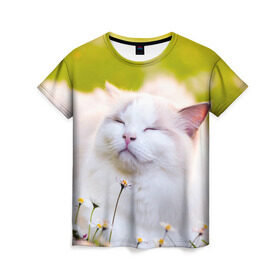 Женская футболка 3D с принтом Белая киса в Екатеринбурге, 100% полиэфир ( синтетическое хлопкоподобное полотно) | прямой крой, круглый вырез горловины, длина до линии бедер | cat | киса | котенок | кошка | лето | ромашки | солнце