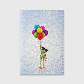 Обложка для паспорта матовая кожа с принтом Лягушка на воздушных шарах в Екатеринбурге, натуральная матовая кожа | размер 19,3 х 13,7 см; прозрачные пластиковые крепления | Тематика изображения на принте: 