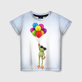 Детская футболка 3D с принтом Лягушка на воздушных шарах в Екатеринбурге, 100% гипоаллергенный полиэфир | прямой крой, круглый вырез горловины, длина до линии бедер, чуть спущенное плечо, ткань немного тянется | 