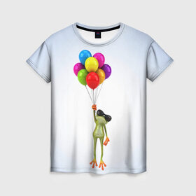 Женская футболка 3D с принтом Лягушка на воздушных шарах в Екатеринбурге, 100% полиэфир ( синтетическое хлопкоподобное полотно) | прямой крой, круглый вырез горловины, длина до линии бедер | 