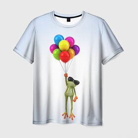Мужская футболка 3D с принтом Лягушка на воздушных шарах в Екатеринбурге, 100% полиэфир | прямой крой, круглый вырез горловины, длина до линии бедер | 
