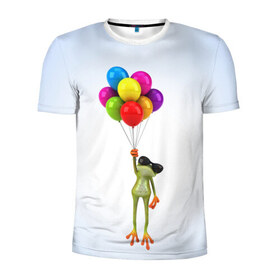 Мужская футболка 3D спортивная с принтом Лягушка на воздушных шарах в Екатеринбурге, 100% полиэстер с улучшенными характеристиками | приталенный силуэт, круглая горловина, широкие плечи, сужается к линии бедра | 