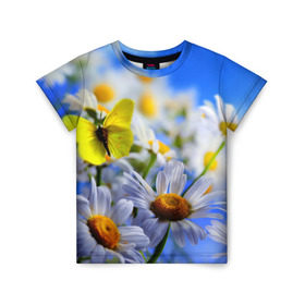 Детская футболка 3D с принтом Ромашки и бабочка в Екатеринбурге, 100% гипоаллергенный полиэфир | прямой крой, круглый вырез горловины, длина до линии бедер, чуть спущенное плечо, ткань немного тянется | бабочки | лето | природа | ромашки | цветы