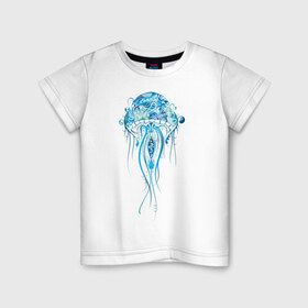 Детская футболка хлопок с принтом Синяя медуза в Екатеринбурге, 100% хлопок | круглый вырез горловины, полуприлегающий силуэт, длина до линии бедер | красота | медуза | море | рисунок | синий | стиль | щупальца