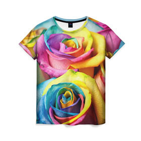 Женская футболка 3D с принтом Цветные розы в Екатеринбурге, 100% полиэфир ( синтетическое хлопкоподобное полотно) | прямой крой, круглый вырез горловины, длина до линии бедер | девушкам | розы | цветные | цветы