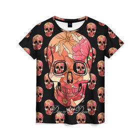 Женская футболка 3D с принтом Мексиканский череп в Екатеринбурге, 100% полиэфир ( синтетическое хлопкоподобное полотно) | прямой крой, круглый вырез горловины, длина до линии бедер | Тематика изображения на принте: день мертвых | мексика | паттерн | традиция | узоры | цветы