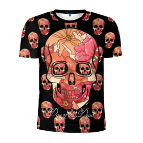Мужская футболка 3D спортивная с принтом Мексиканский череп в Екатеринбурге, 100% полиэстер с улучшенными характеристиками | приталенный силуэт, круглая горловина, широкие плечи, сужается к линии бедра | Тематика изображения на принте: день мертвых | мексика | паттерн | традиция | узоры | цветы