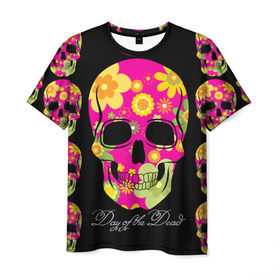 Мужская футболка 3D с принтом Мексиканский череп в Екатеринбурге, 100% полиэфир | прямой крой, круглый вырез горловины, длина до линии бедер | день мертвыхэ | мексика | разноцветный | традция | узоры | цветы | яркий