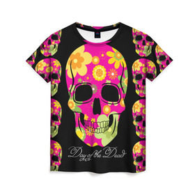 Женская футболка 3D с принтом Мексиканский череп в Екатеринбурге, 100% полиэфир ( синтетическое хлопкоподобное полотно) | прямой крой, круглый вырез горловины, длина до линии бедер | день мертвыхэ | мексика | разноцветный | традция | узоры | цветы | яркий