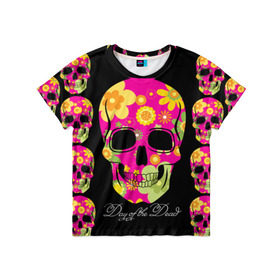 Детская футболка 3D с принтом Мексиканский череп в Екатеринбурге, 100% гипоаллергенный полиэфир | прямой крой, круглый вырез горловины, длина до линии бедер, чуть спущенное плечо, ткань немного тянется | день мертвыхэ | мексика | разноцветный | традция | узоры | цветы | яркий