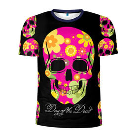 Мужская футболка 3D спортивная с принтом Мексиканский череп в Екатеринбурге, 100% полиэстер с улучшенными характеристиками | приталенный силуэт, круглая горловина, широкие плечи, сужается к линии бедра | день мертвыхэ | мексика | разноцветный | традция | узоры | цветы | яркий