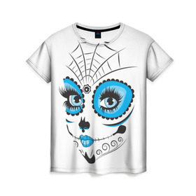 Женская футболка 3D с принтом Мексиканский череп в Екатеринбурге, 100% полиэфир ( синтетическое хлопкоподобное полотно) | прямой крой, круглый вырез горловины, длина до линии бедер | белый | девушка | день мертвых | мексика | традция | узоры | цветы