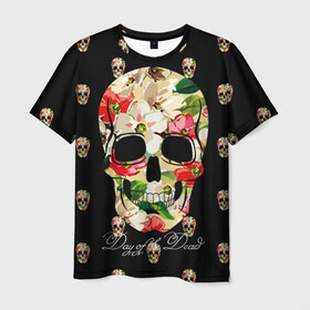 Мужская футболка 3D с принтом Мексиканский череп в Екатеринбурге, 100% полиэфир | прямой крой, круглый вырез горловины, длина до линии бедер | Тематика изображения на принте: день мертвых | мексика | паттерн | темный | традция | узоры | цветочный | цветы