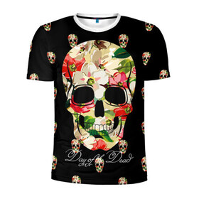 Мужская футболка 3D спортивная с принтом Мексиканский череп в Екатеринбурге, 100% полиэстер с улучшенными характеристиками | приталенный силуэт, круглая горловина, широкие плечи, сужается к линии бедра | день мертвых | мексика | паттерн | темный | традция | узоры | цветочный | цветы