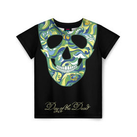 Детская футболка 3D с принтом Мексиканский череп в Екатеринбурге, 100% гипоаллергенный полиэфир | прямой крой, круглый вырез горловины, длина до линии бедер, чуть спущенное плечо, ткань немного тянется | день мертвых | мексика | разноцветный | традиция | узоры | цветы | черный | яркий