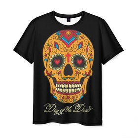 Мужская футболка 3D с принтом Мексиканский череп в Екатеринбурге, 100% полиэфир | прямой крой, круглый вырез горловины, длина до линии бедер | день мертвых | мексика | традция | узоры | цветы