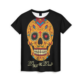Женская футболка 3D с принтом Мексиканский череп в Екатеринбурге, 100% полиэфир ( синтетическое хлопкоподобное полотно) | прямой крой, круглый вырез горловины, длина до линии бедер | день мертвых | мексика | традция | узоры | цветы