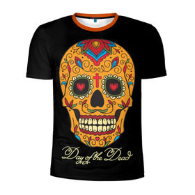 Мужская футболка 3D спортивная с принтом Мексиканский череп в Екатеринбурге, 100% полиэстер с улучшенными характеристиками | приталенный силуэт, круглая горловина, широкие плечи, сужается к линии бедра | день мертвых | мексика | традция | узоры | цветы