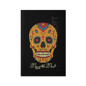 Обложка для паспорта матовая кожа с принтом Мексиканский череп в Екатеринбурге, натуральная матовая кожа | размер 19,3 х 13,7 см; прозрачные пластиковые крепления | Тематика изображения на принте: день мертвых | мексика | традция | узоры | цветы