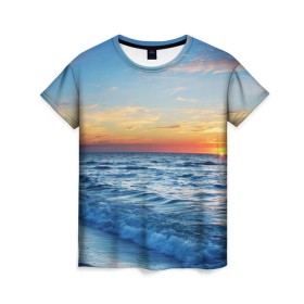 Женская футболка 3D с принтом Море на закате в Екатеринбурге, 100% полиэфир ( синтетическое хлопкоподобное полотно) | прямой крой, круглый вырез горловины, длина до линии бедер | волны | закат | море | небо | облака | пейзаж | пляж
