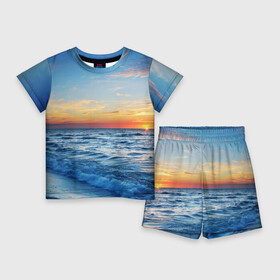 Детский костюм с шортами 3D с принтом Море на закате в Екатеринбурге,  |  | волны | закат | море | небо | облака | пейзаж | пляж
